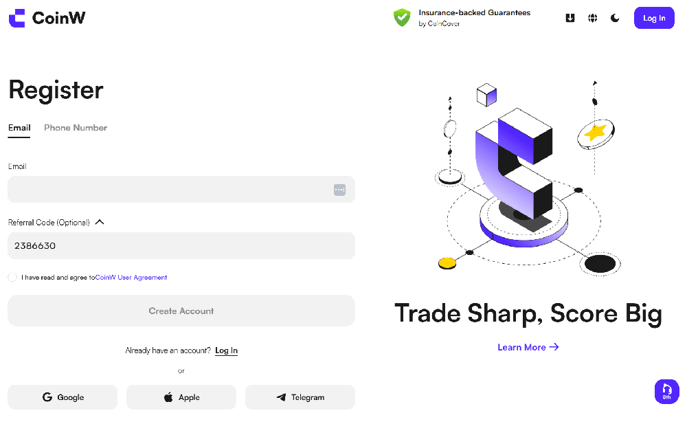 CoinW registreringsprocess med inbjudningskod