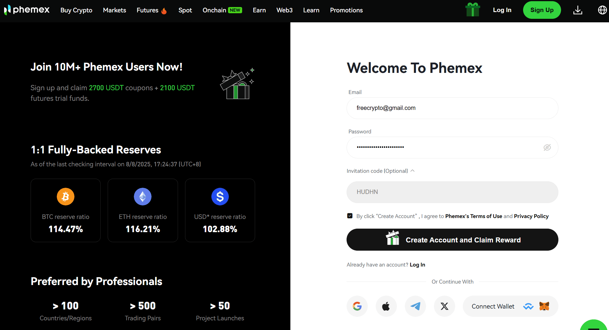 Phemex inbjudningskod angiven