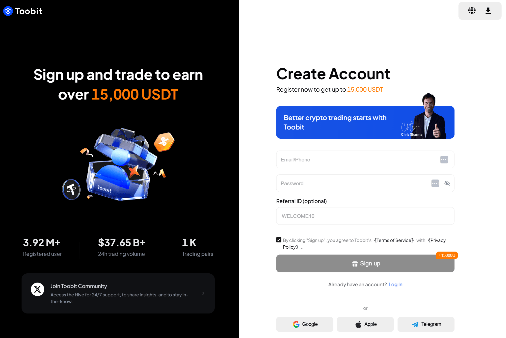 Aktivering av Toobit referenskod under registrering