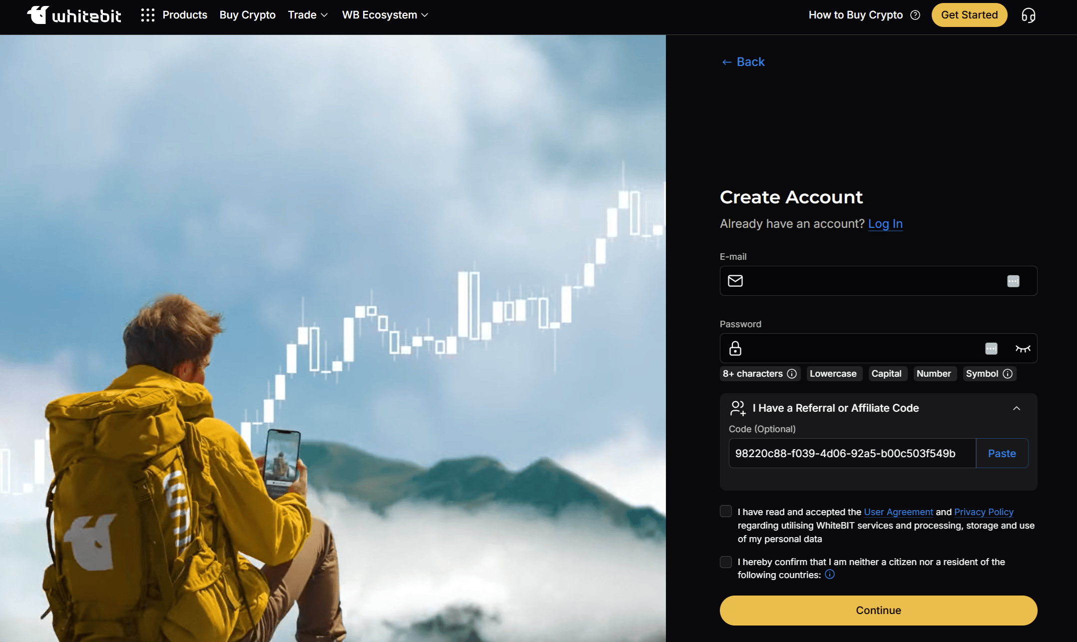 WhiteBIT referenskod angiven under registrering
